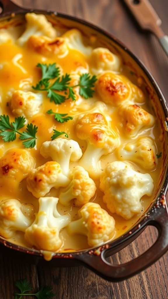 A baked cauliflower cheese dish with golden cheese on top, garnished with parsley, on a wooden table.